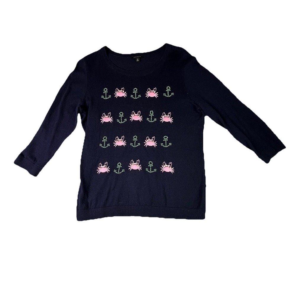 Talbots Sweater Women Medium Navy Blue Knit Crab Anchor Embellished‎ Nautical